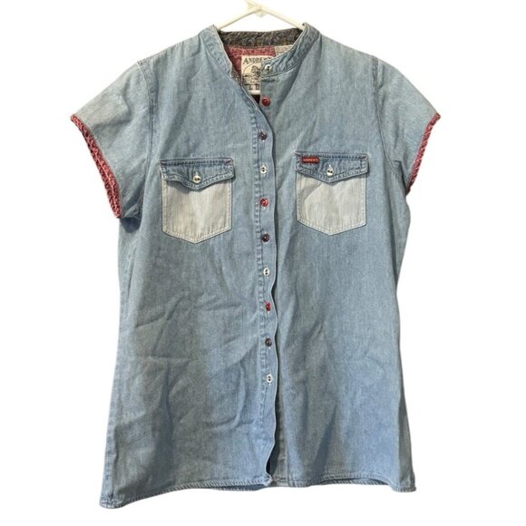 Andrew’s Blues Denim Size Medium Button Up Shirt Cotton Hippie Boho Short Sleeve - Picture 1 of 10